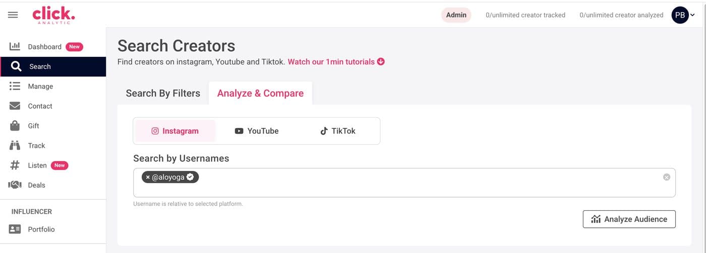 Go to Search, then Analyze & Compare, and enter your handle.