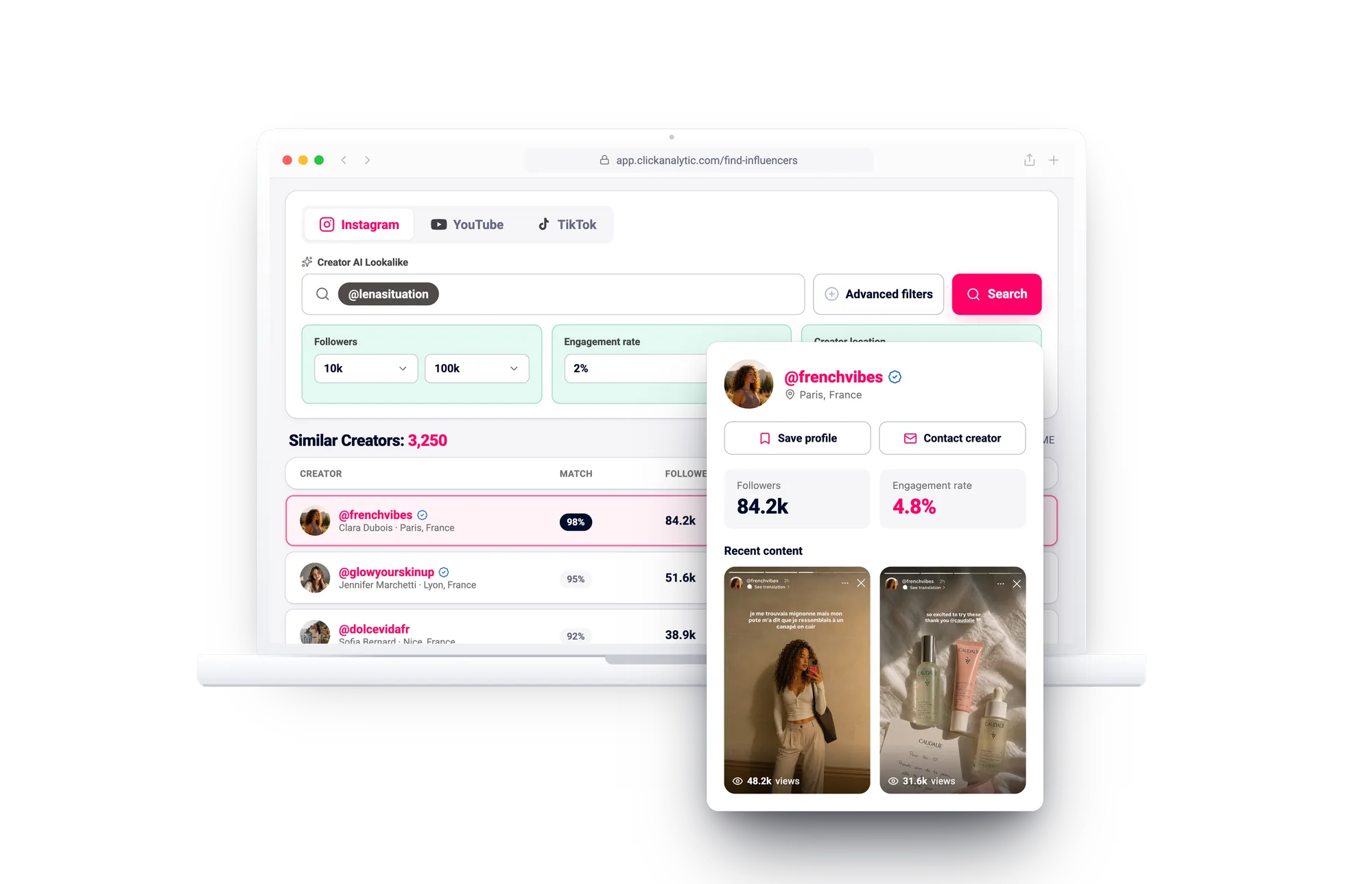 Búsqueda de creadores de Click Analytic: resultados de creadores similares con IA, con un perfil de creador, seguidores, tasa de interacción y contenido reciente