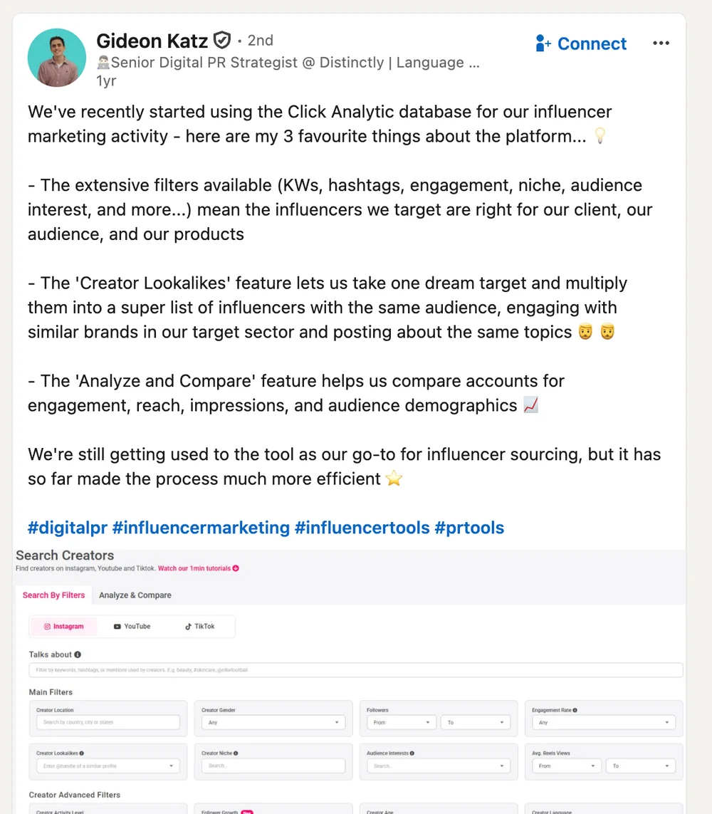 Publicación de LinkedIn de un estratega de relaciones públicas sobre Click Analytic