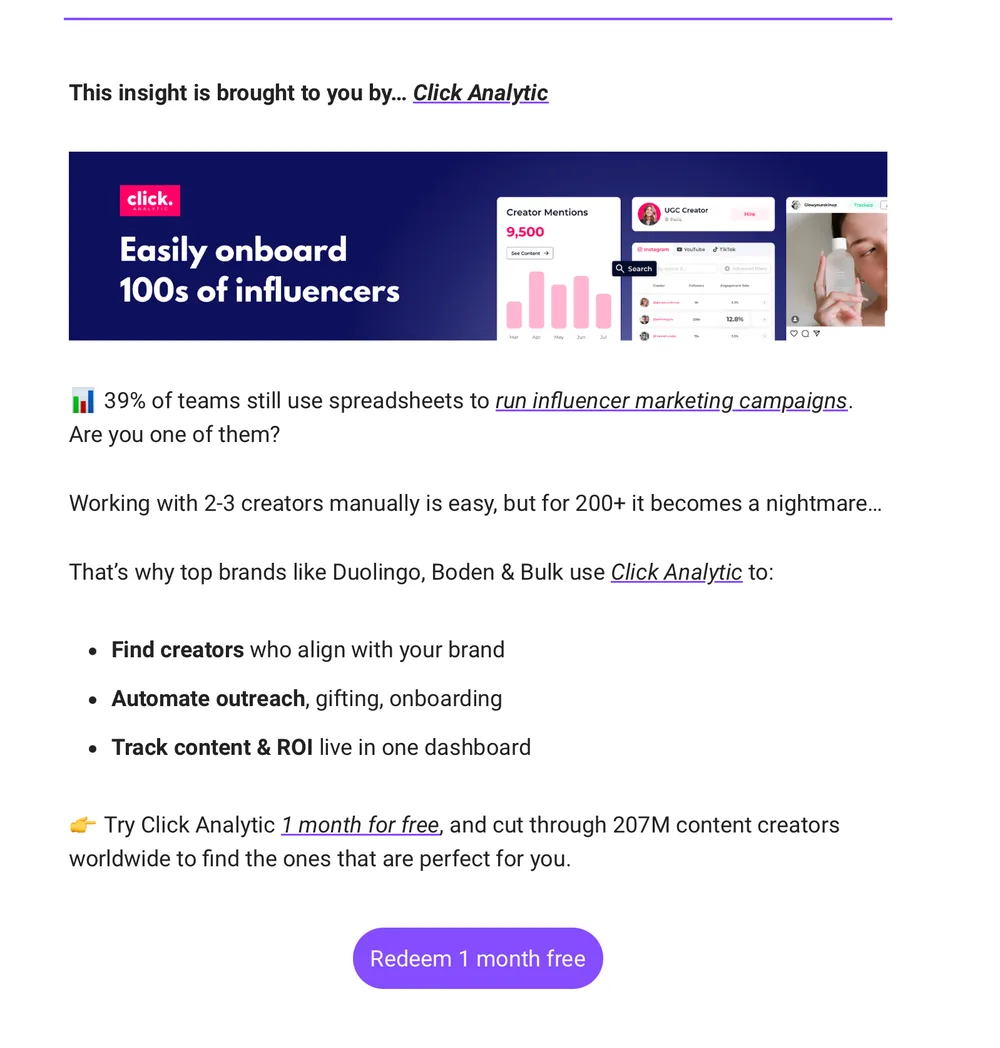 Newsletter sponsorship featuring Click Analytic