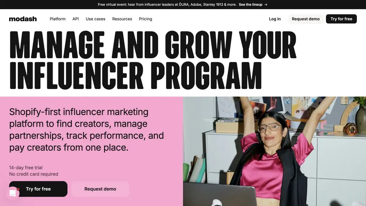Modash public website showing its Shopify influencer marketing platform