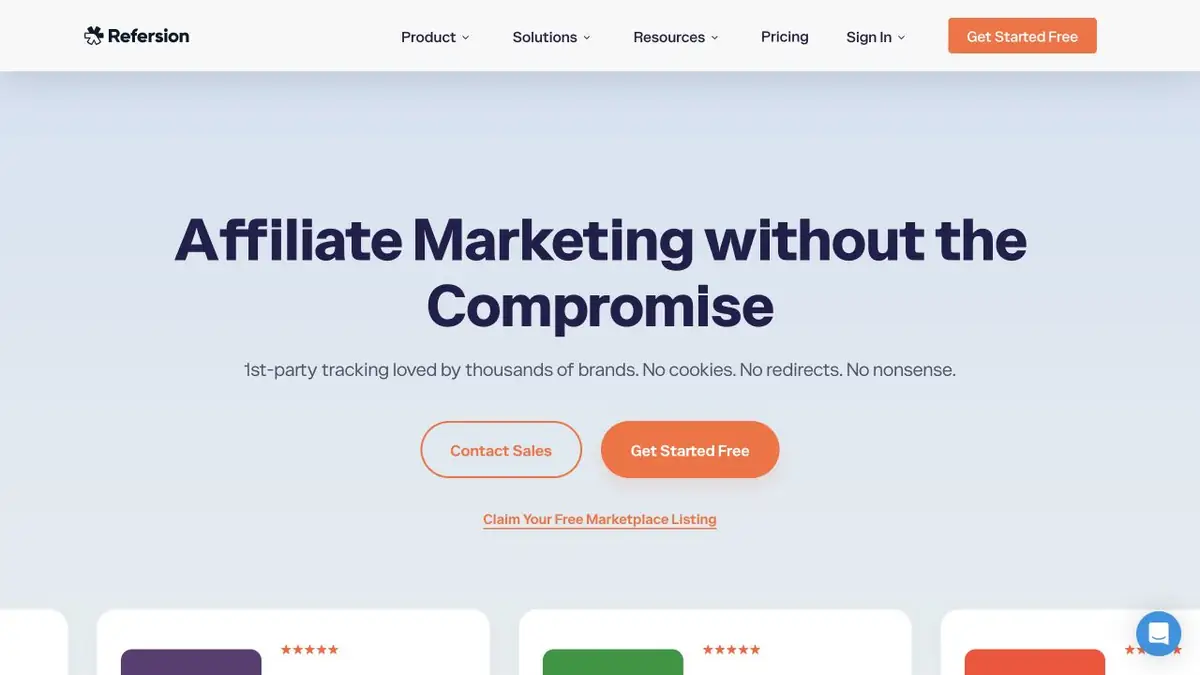 Refersion public website showing affiliate tracking for ecommerce brands
