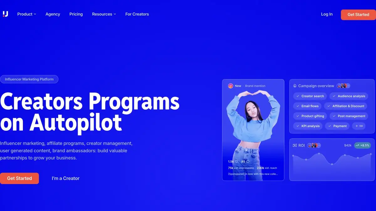 Upfluence public website showing creator program dashboard visuals