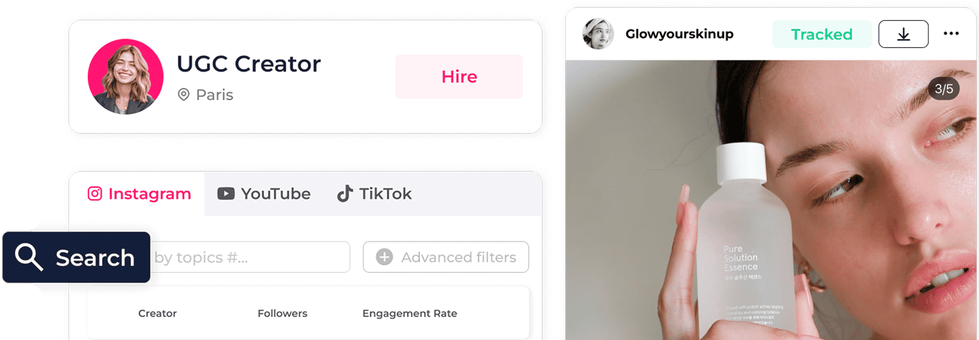 Creator search UI preview: search creators, hire UGC talent, track campaigns