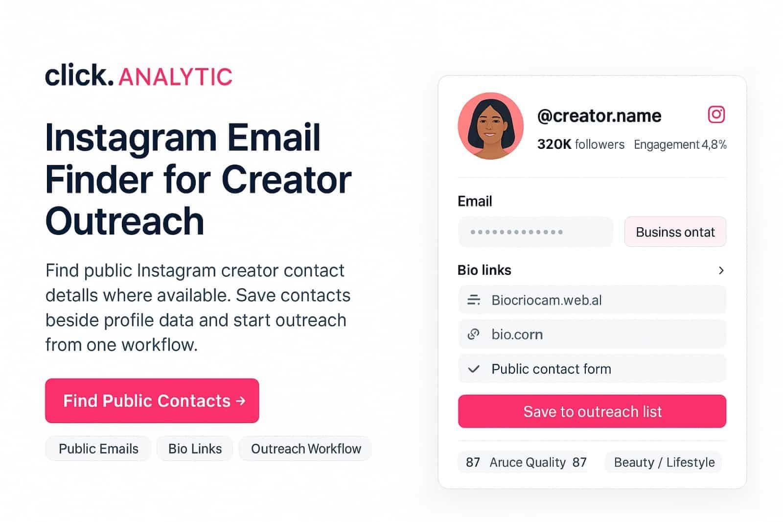 Lo strumento ClickAnalytic per trovare email su Instagram mostra profili creator, campi email verificati, filtri e pulsante di esportazione.