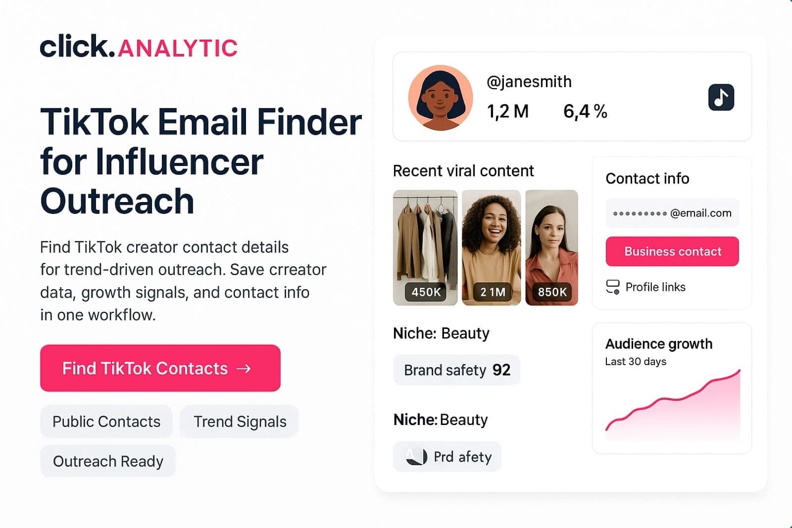TikTok email finder ClickAnalytic z wynikami wyszukiwania twórców, danymi kontaktowymi, filtrami nisz i opcjami eksportu.