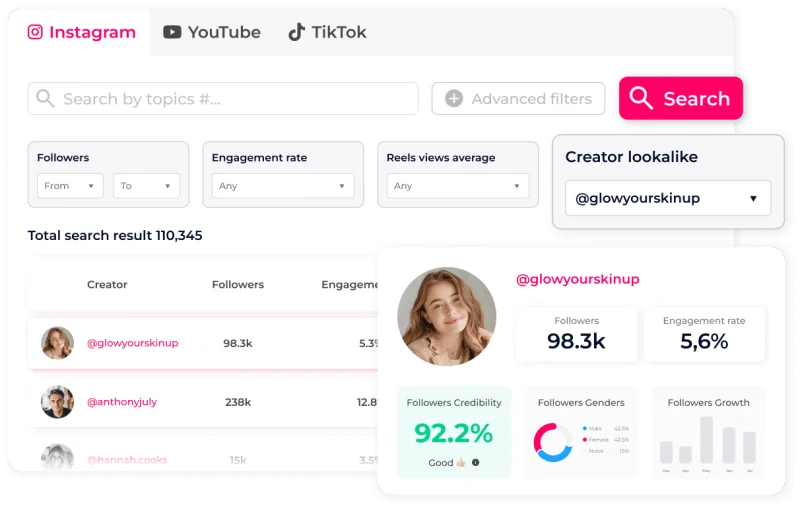 Recherche de créateurs Click Analytic avec filtres par abonnés, engagement et audience