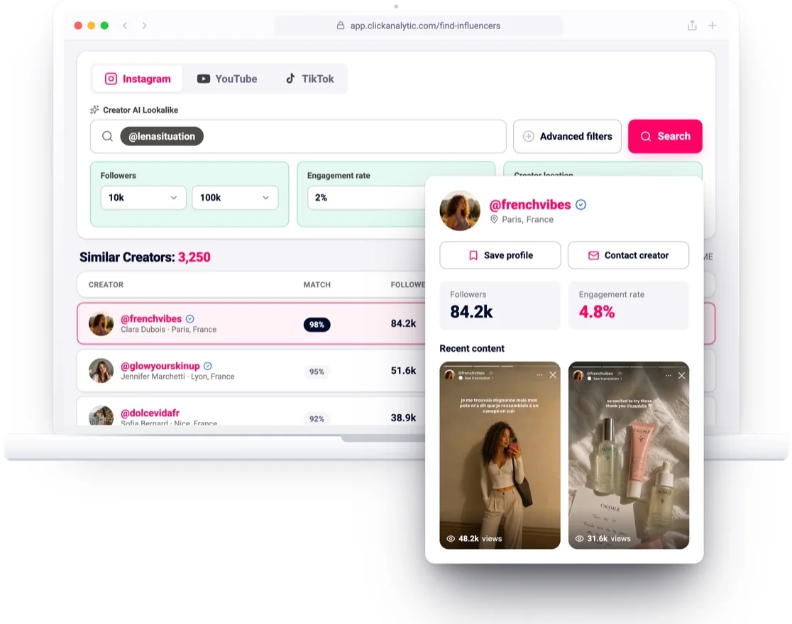 Click Analytic Find Influencers, AI lookalike search showing similar creators with match scores