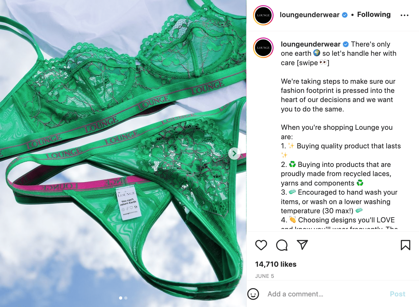 Lounge Underwear Sustainability Campaign Instagram Post.