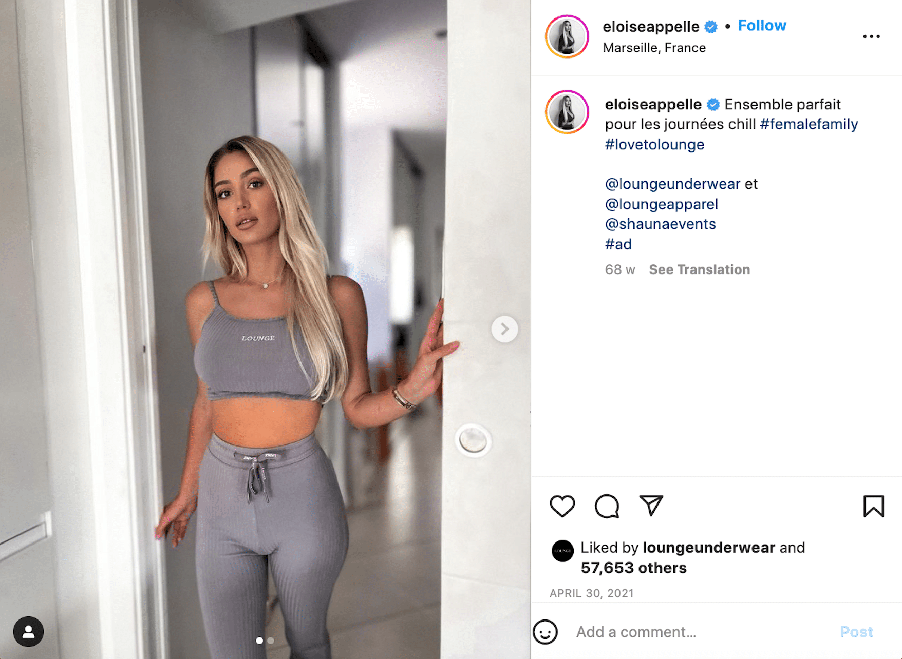 Influencer Eloïse Appelle promoting Lounge Underwear.