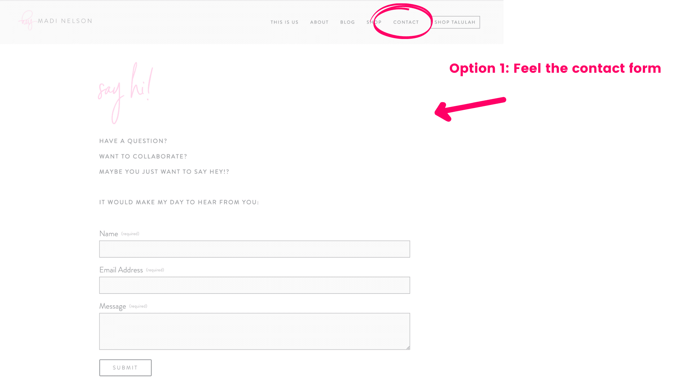 A contact form with a pink arrow pointing to it.