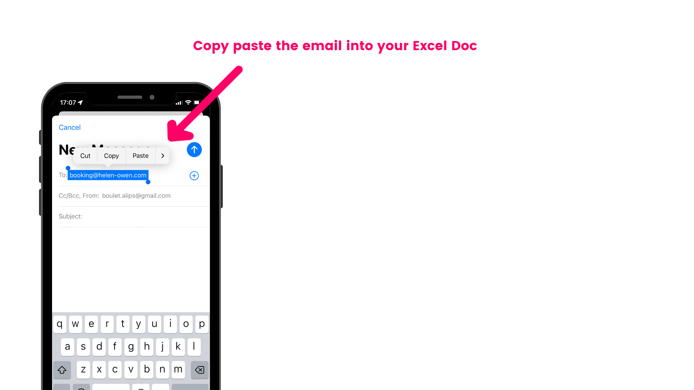 A screenshot of an iphone with a copy paste email button highlighted.