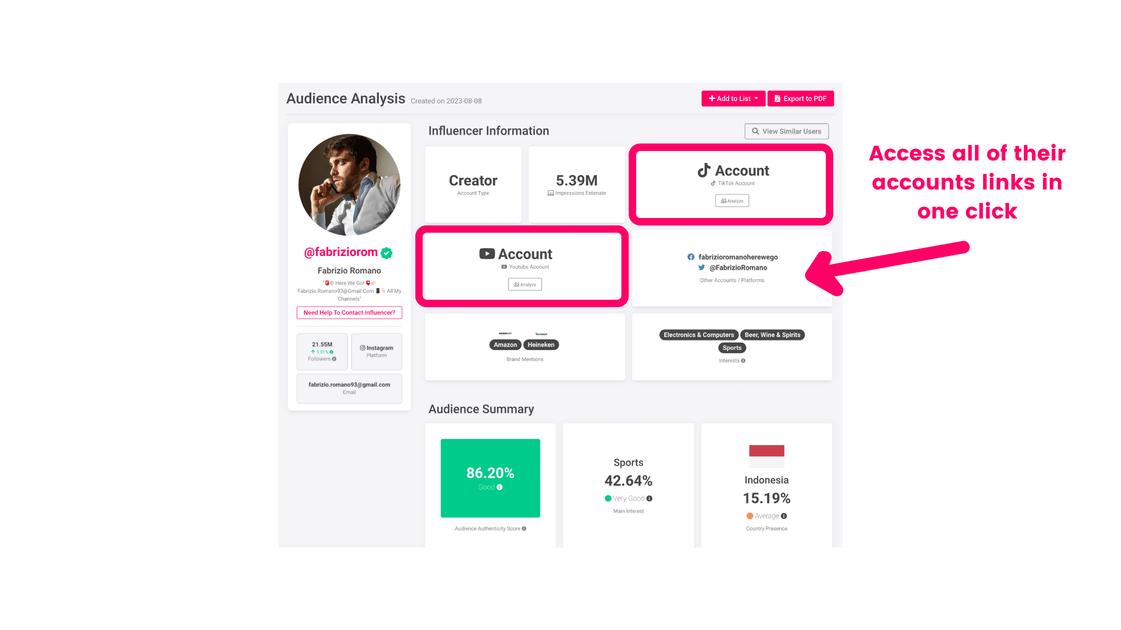 A screenshot of a Click Analytic Influencer Profile with a red arrow pointing to an account.