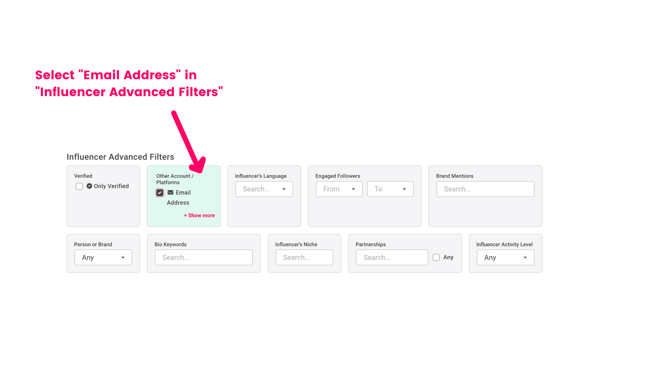 A screenshot of a Click Analytic Discovery page with a text box and a pink arrow pointing to a button to select an Instagram Email.