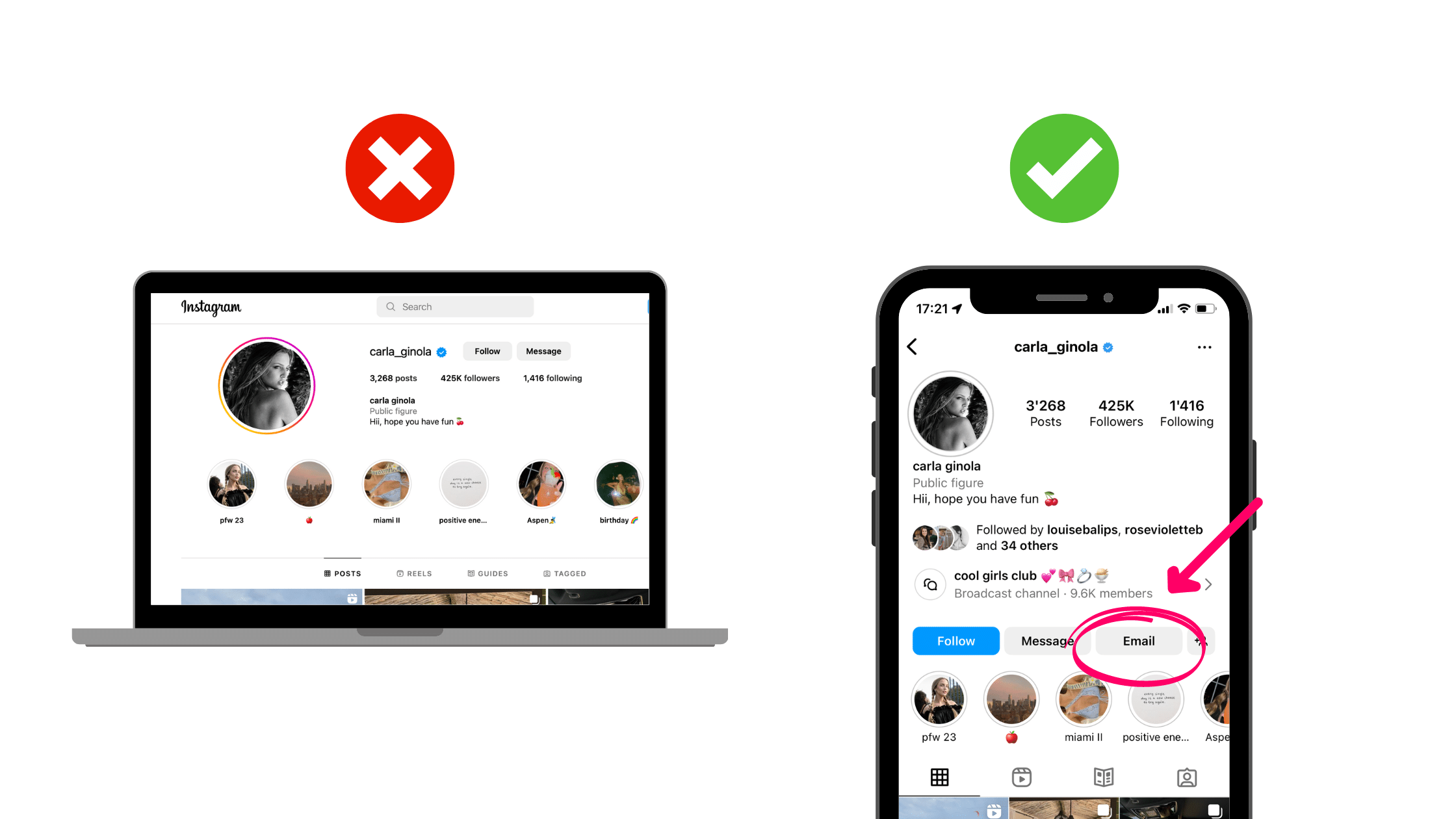 Un téléphone et un ordinateur portable qui montrent un profil Instagram de Carla Ginola. Un téléphone et un ordinateur portable qui montrent un profil Instagram de Carla Ginola pointant vers le bouton Instagram Email.