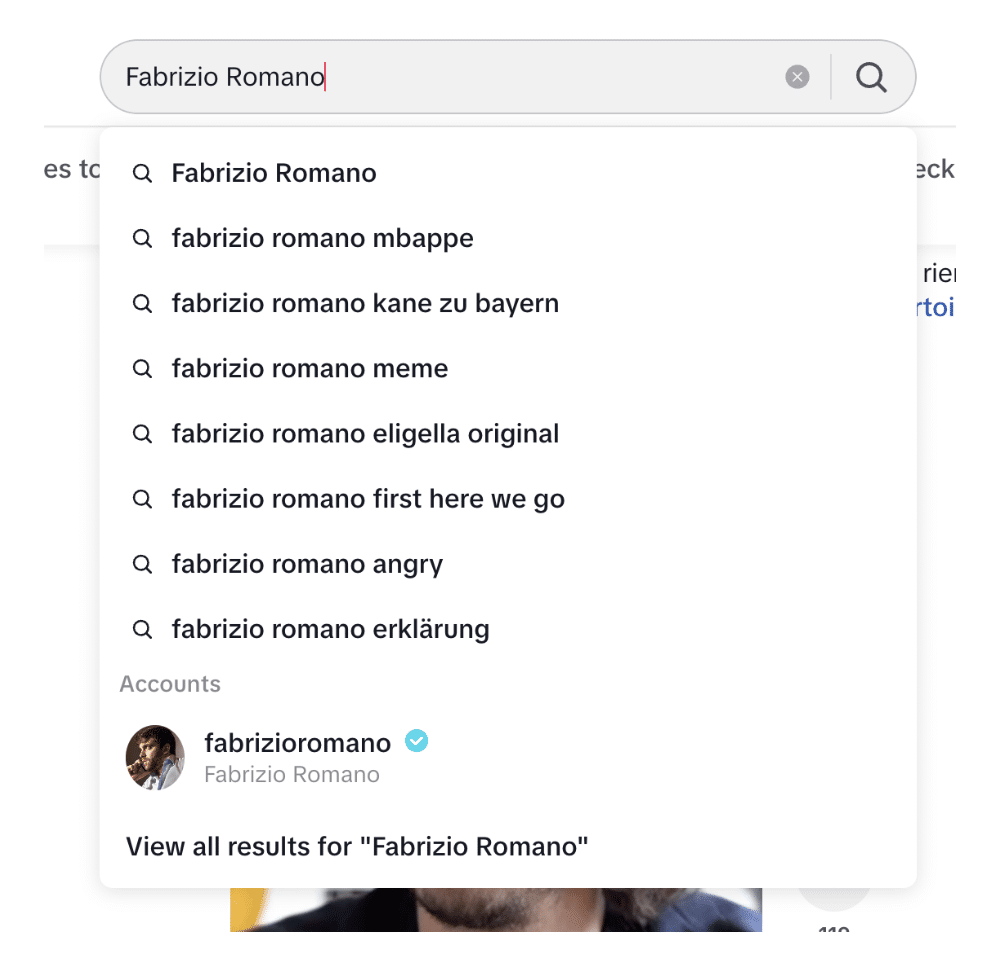 A Tiktok search page with multiple results and a picture of a man