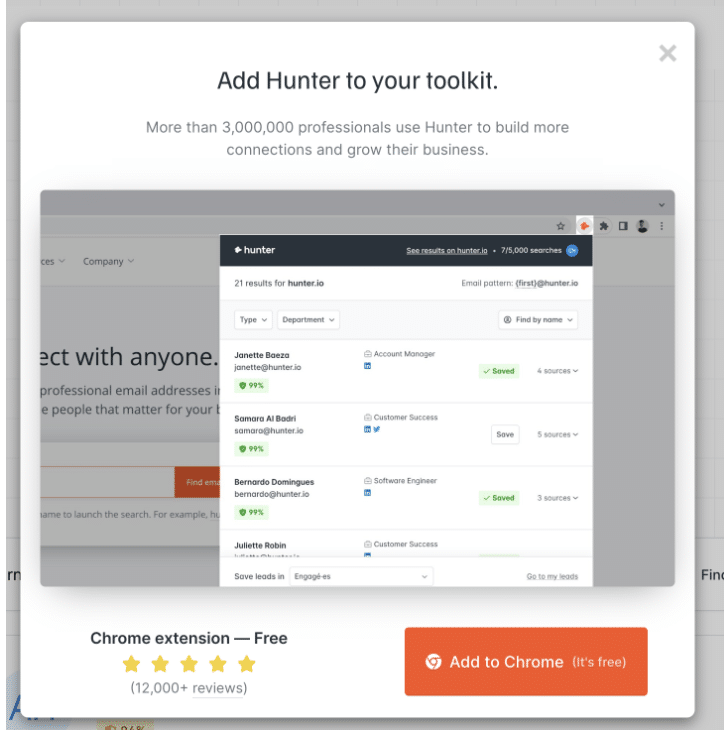 Screenshot of Hunter.io Google Chrome Extension feature.