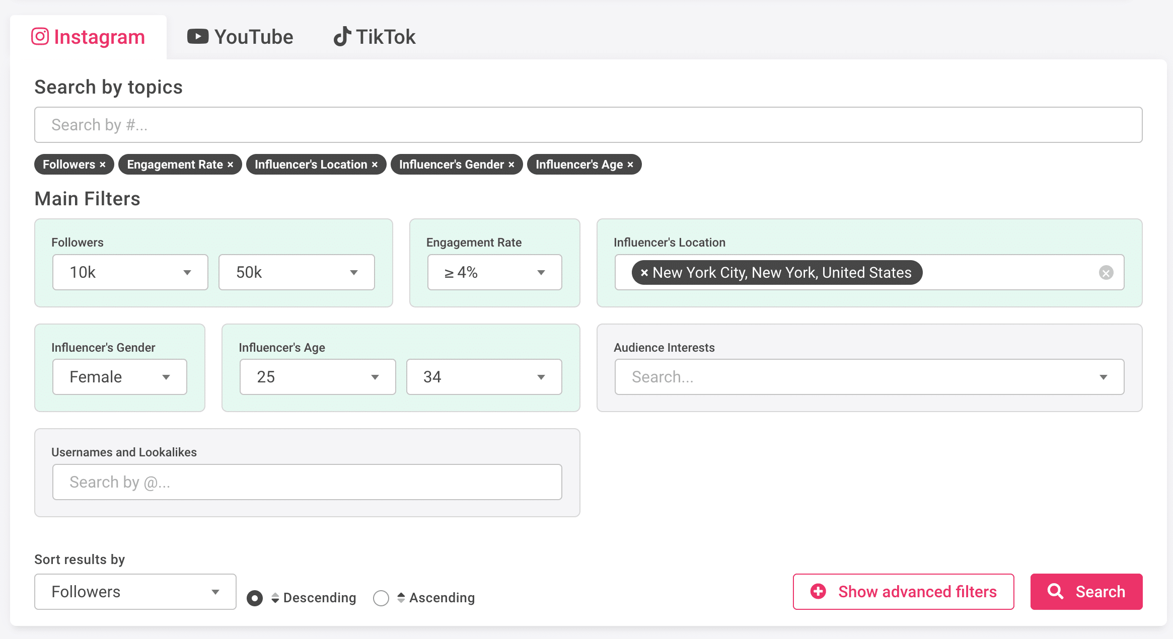 A screen shot of the settings and filter options for the discovery feature of ClickAnalytic.com