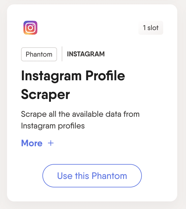 A screenshot of the instagram profile scrapper on Phantombuster.