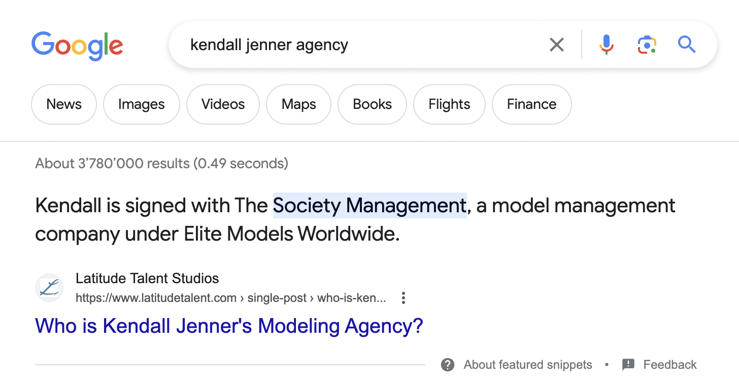 Google search for Kendall Jenner agency.