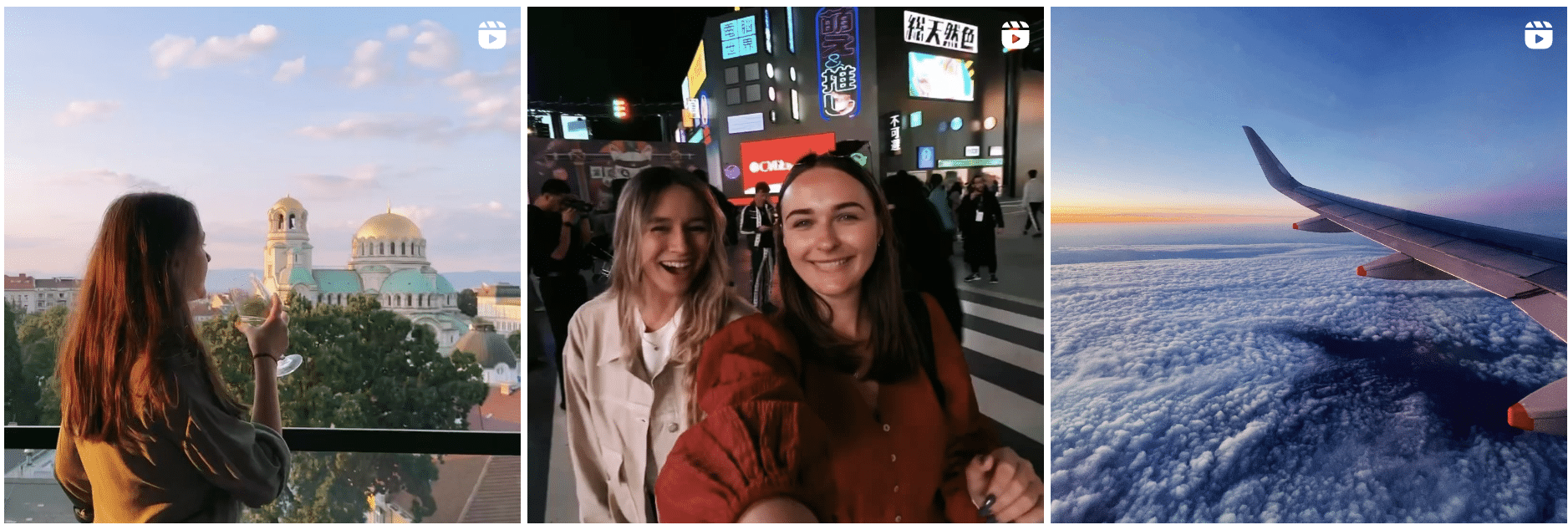 Instagram Pictures of an influencer. One is a woman holding a glass of wine. Another is two women in Tokyo. Last one a plane wing above the sky.