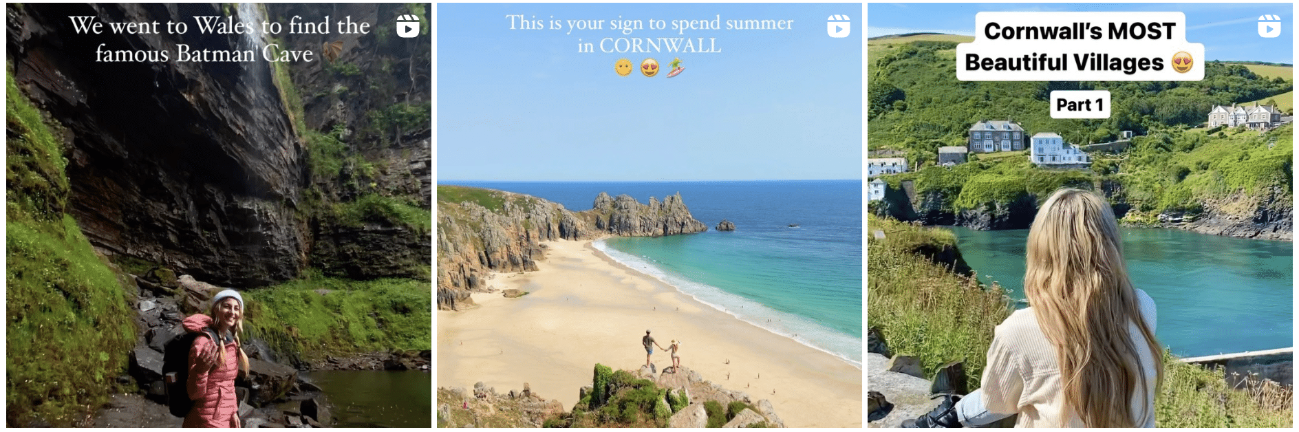 Three pictures of cjexplores Instagram account. One picture of Charlotte walking into the batman cave in Wales. Another picture of the couple standing on rocks above the beach. Another is Charlotte looking at a beautiful village in Cornwall.