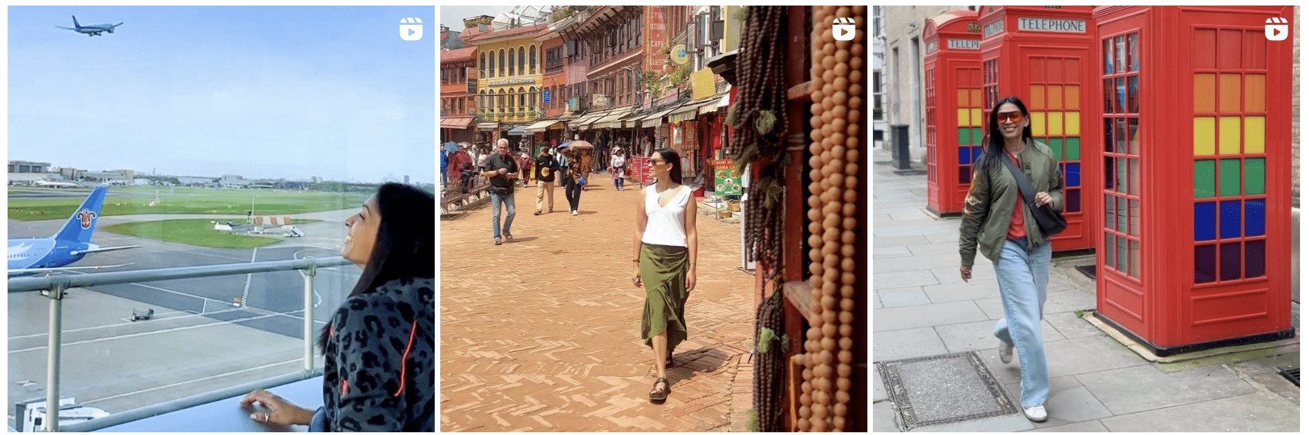 Three pictures of thecuriouspixie Instagram account. One woman watching planes take off from the airport. Second picture is a woman walking in the street of Nepal. One is a woman walking in Oxford street in London with phone booths on the back.