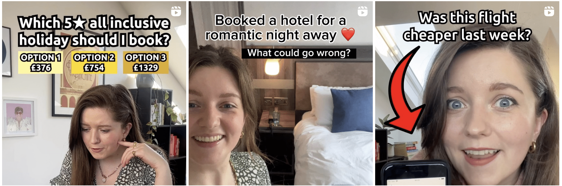 Three pictures of cheapholidayexp Instagram account. Chelsea is sharing tips on how to book affordable hotels and showing her phones with options.