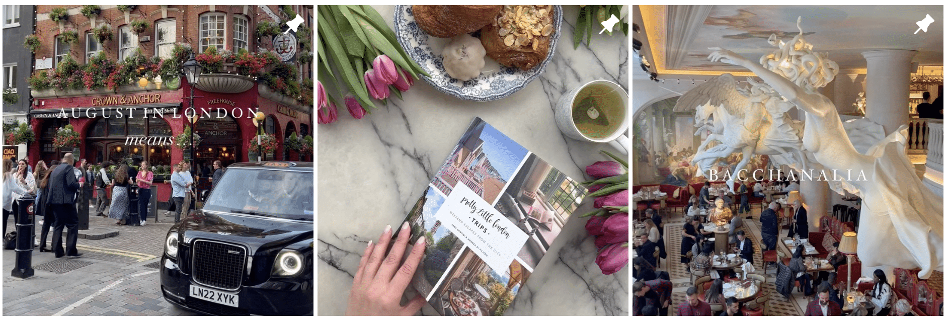 Three pictures of prettylittlelondon Instagram account. Pretty Little London is sharing tips, locations and top restaurants in London.