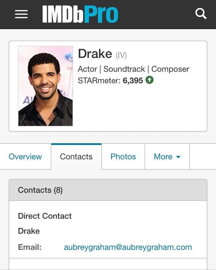 IMBDpro website with Drake's profile and it's agent contact details.