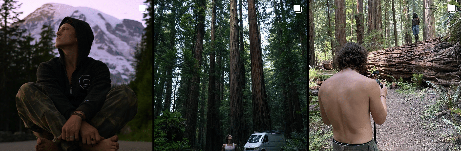 A series of photos showing a man in a wooded area.