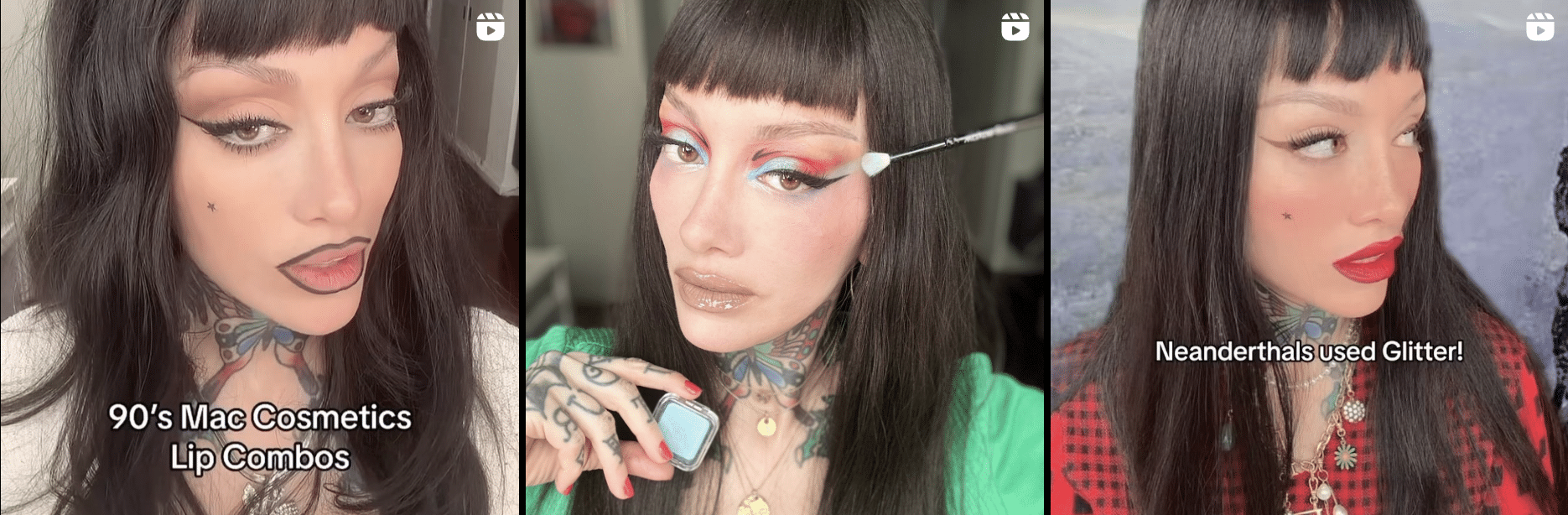 Four pictures of a woman with tattoos and makeup on her face.