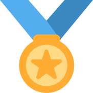 A gold medal with a blue ribbon.