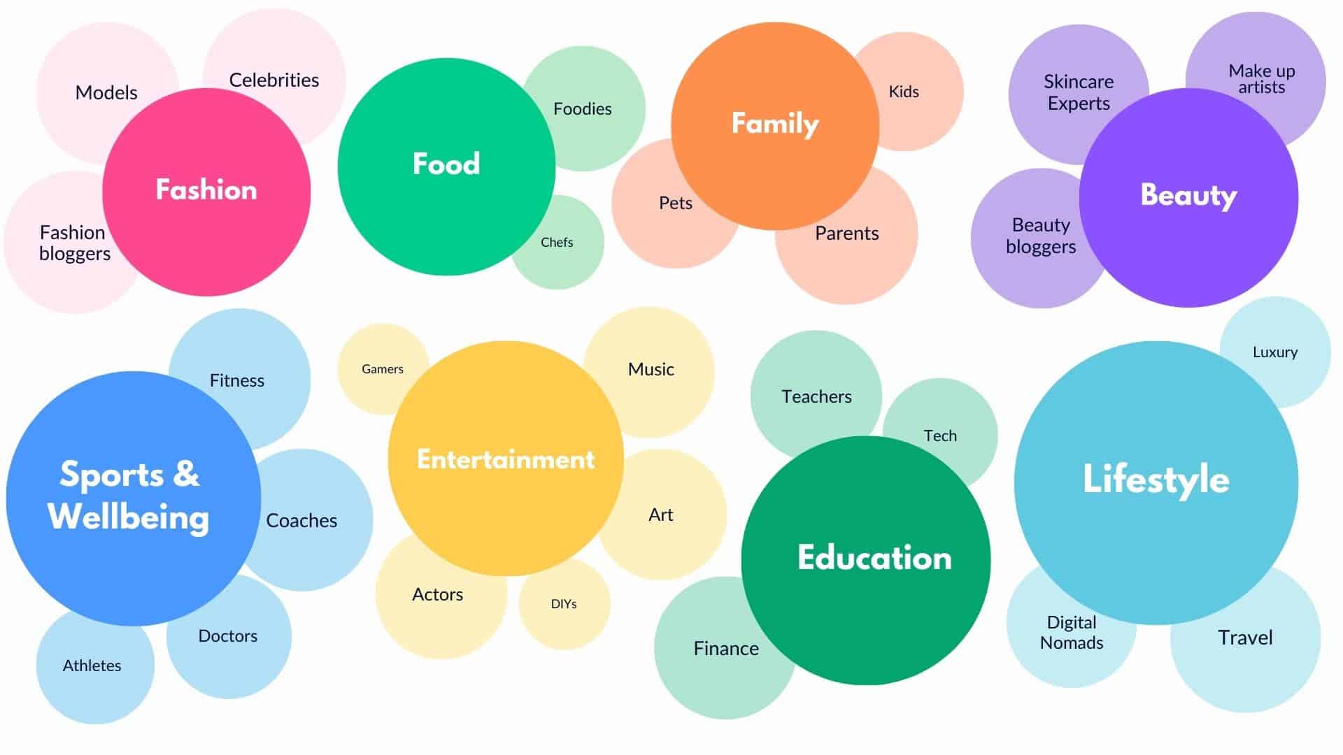 A diagram showing the different types of influencers niches.