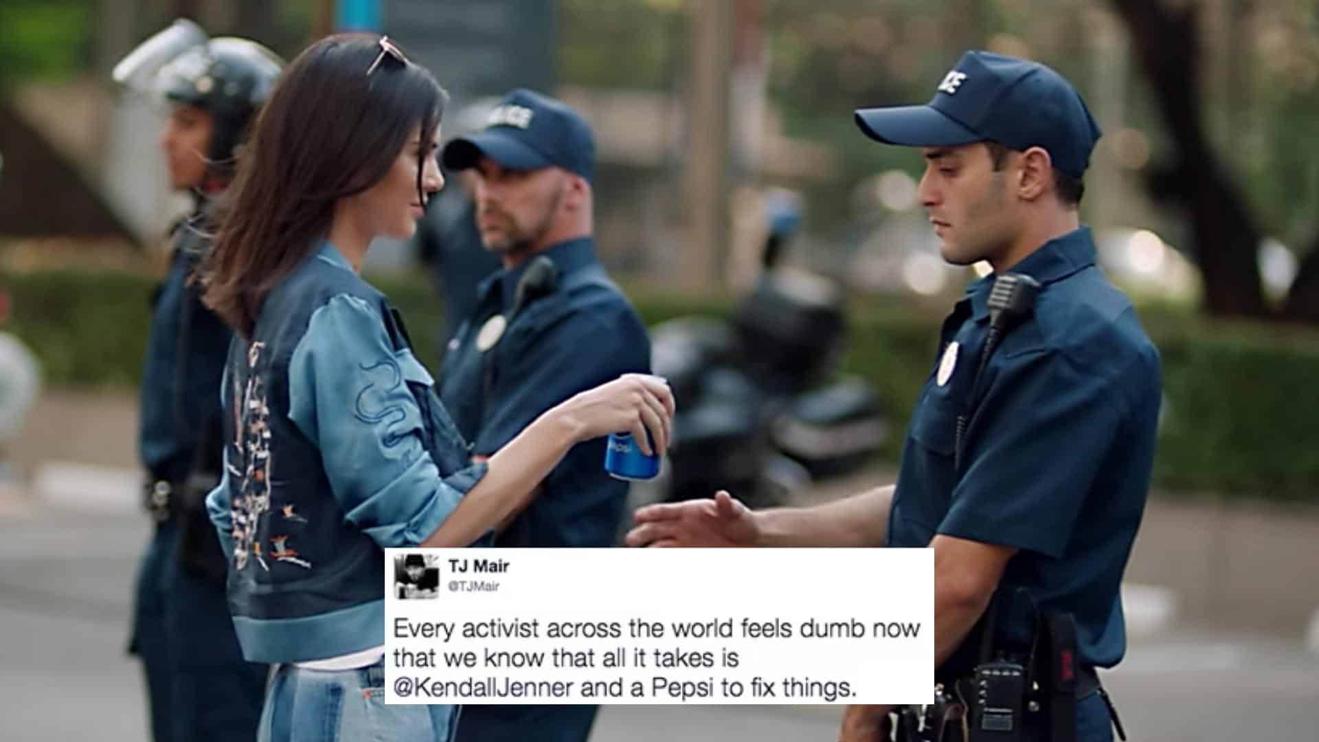 Kendall Jenner giving a Pepsi soda to a police officer for an ad.