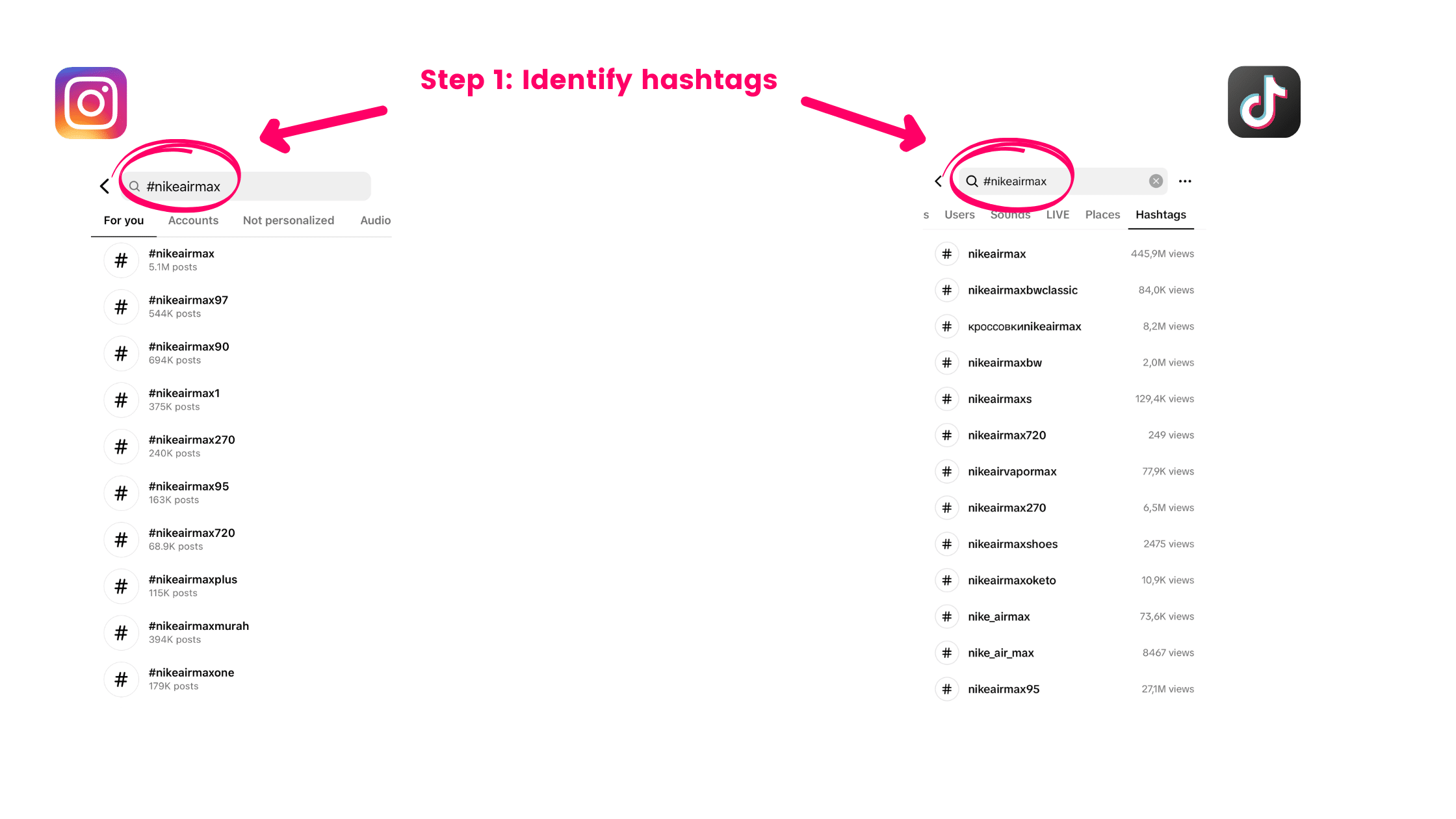 How to find hashtags on Instagram and TikTok search box.