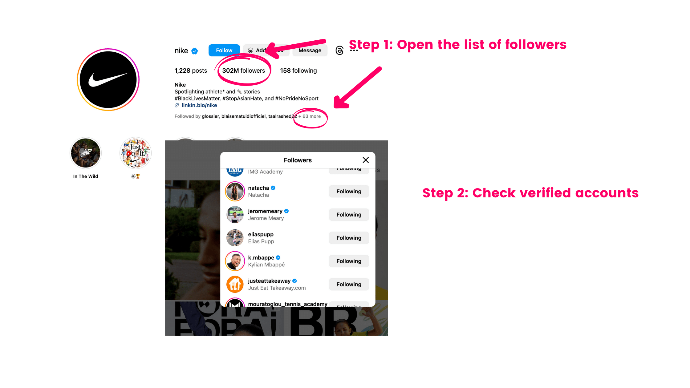 A screenshot of a nike instagram account followers lists.