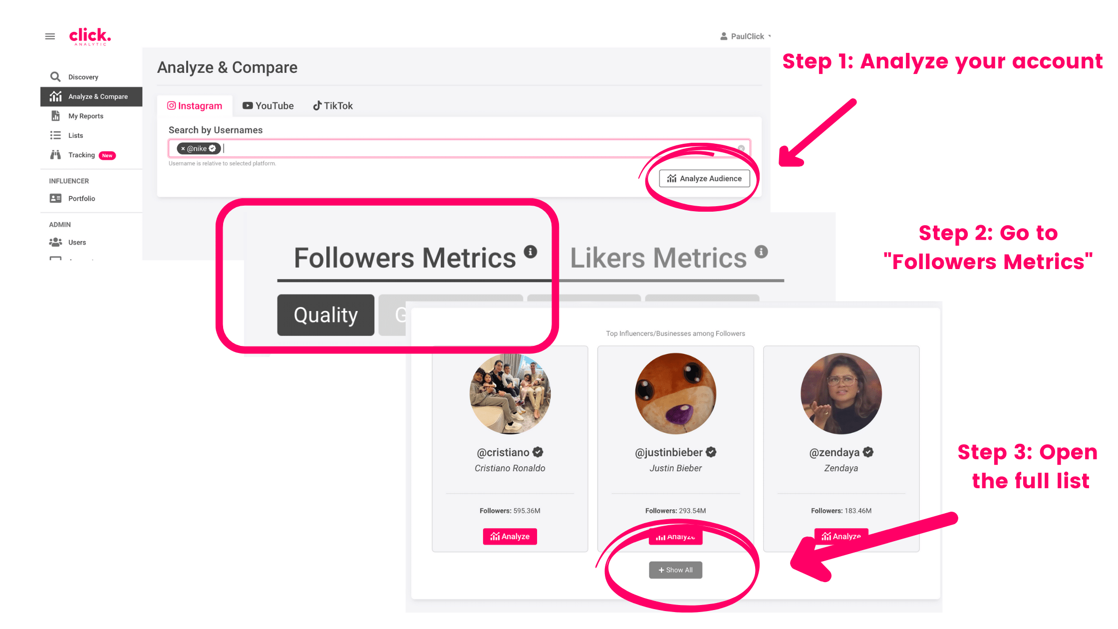 How to find influencers among followers on Click Analytic.