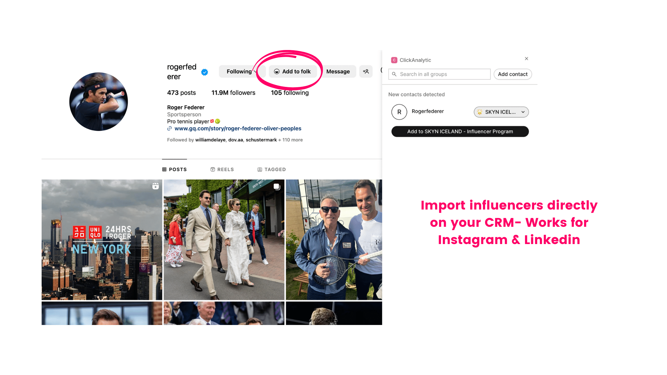 Instagram profile of roger federer added directly to Folk.app CRM using their google chrome app.