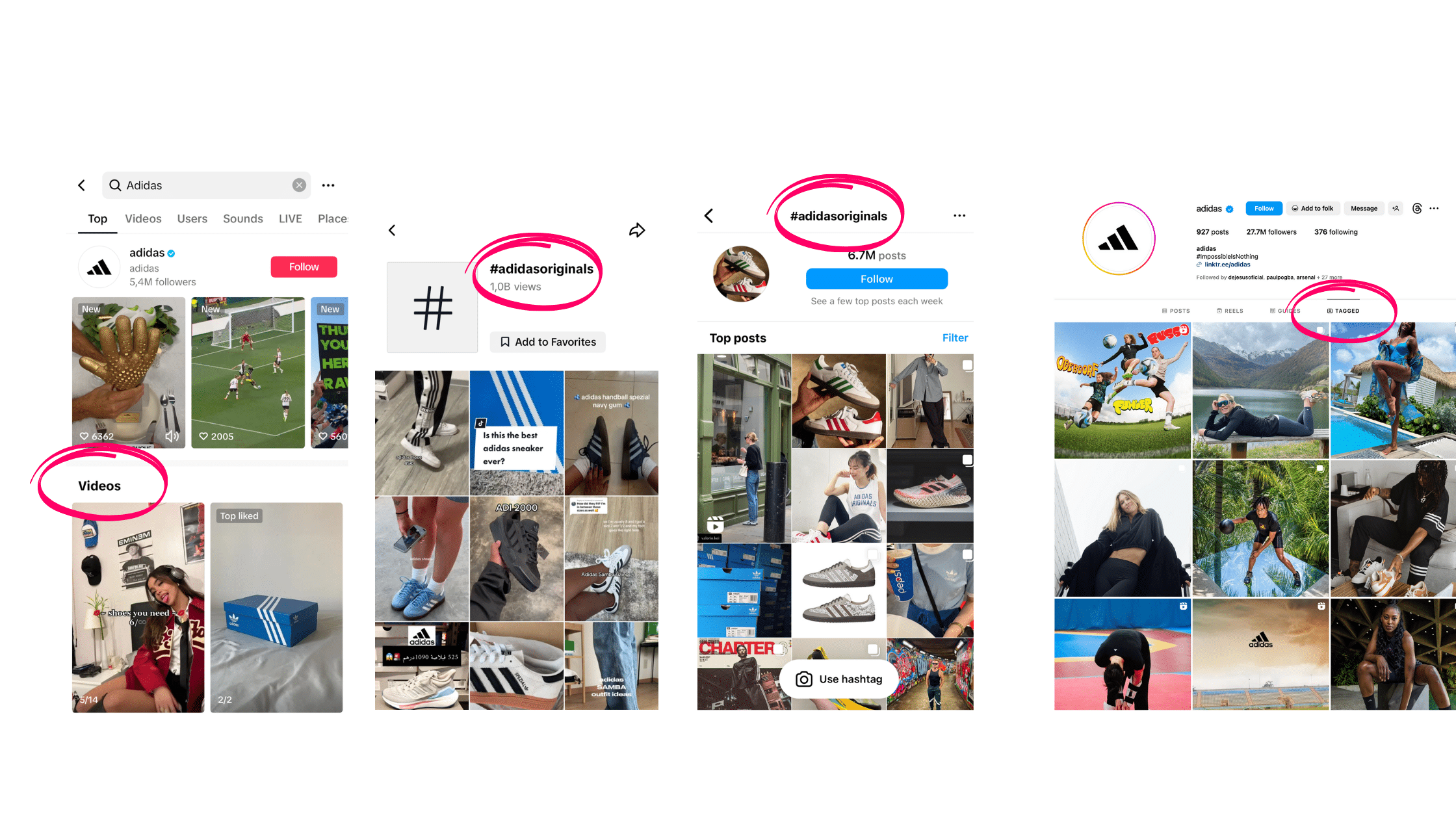 Screenshots of Instagram and TikTok search feature with Adidas UGC videos.