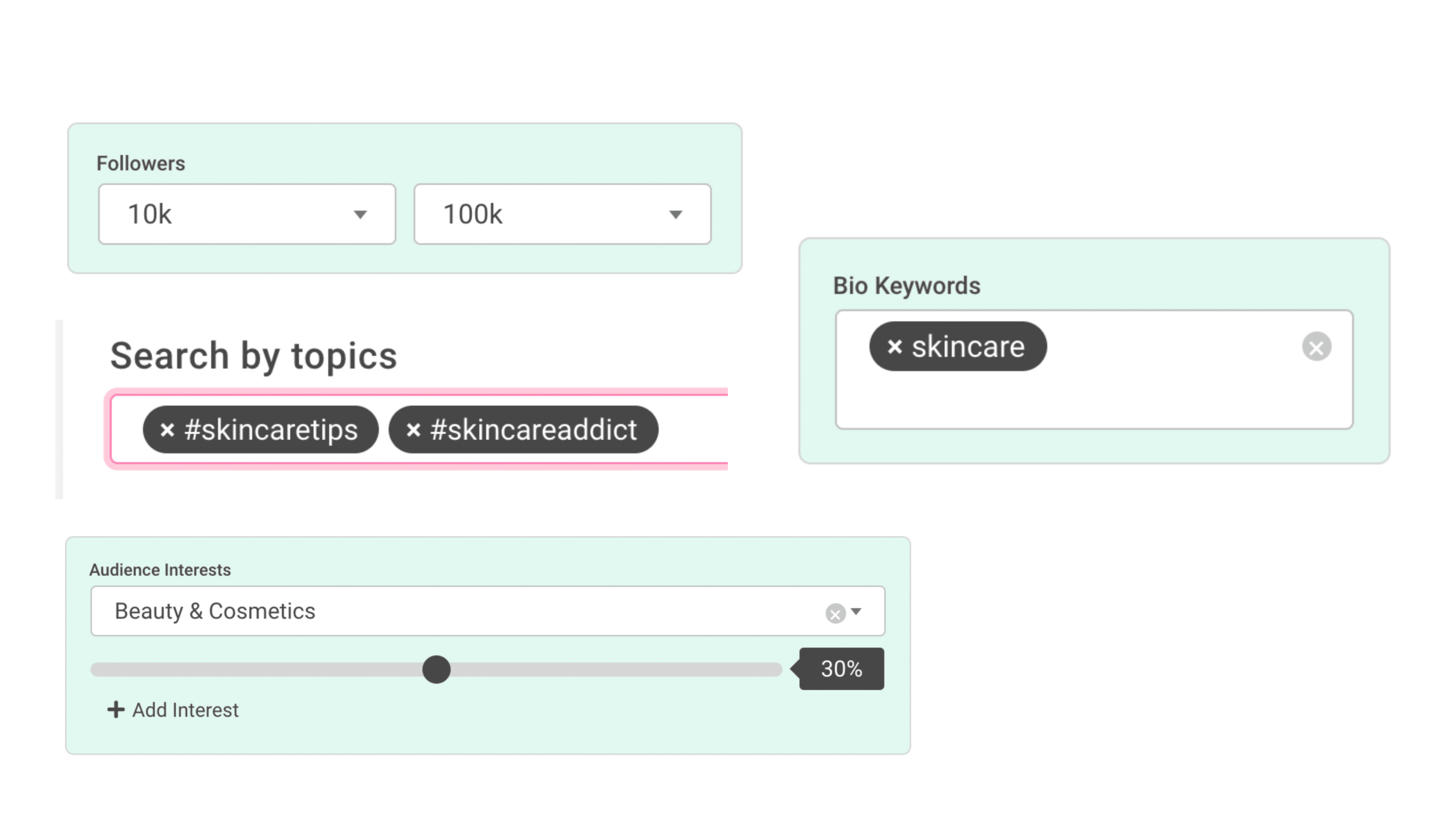 A screen shot of Click Analytic influencers filters with different options.