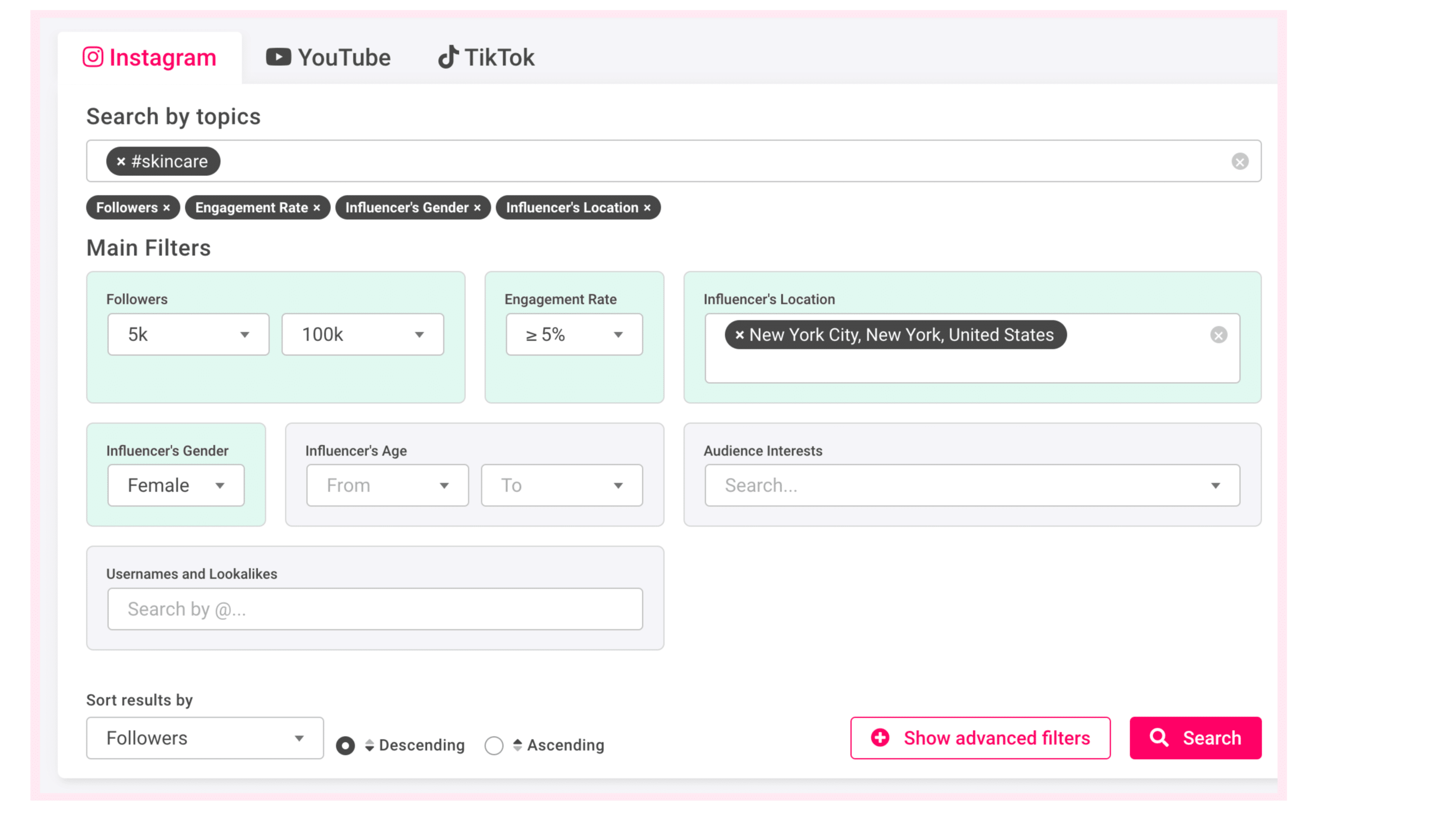 Influencer search tool, click analytic screenshot.