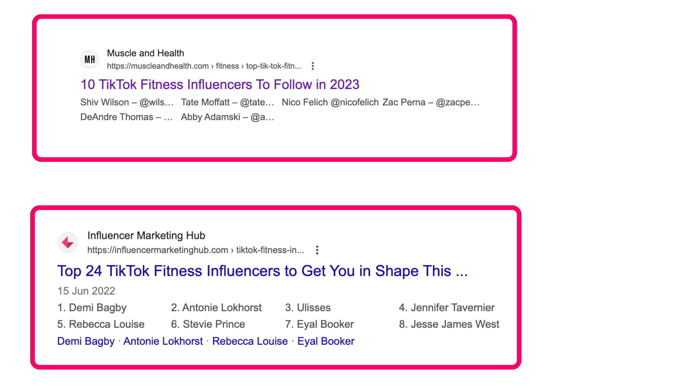 Two google search page results with 10 tiktok fitness influencers.