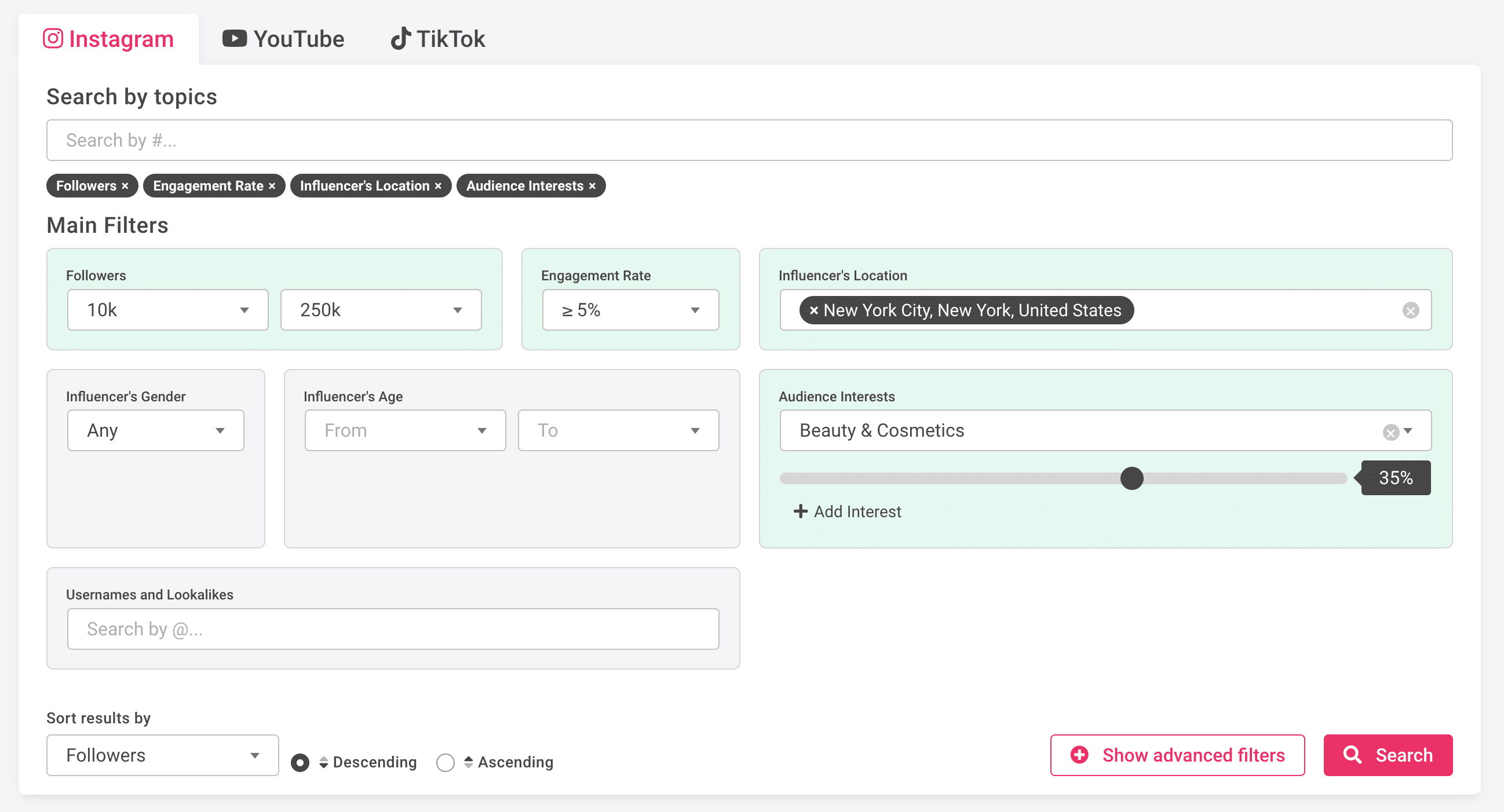 A screen shot of Click Analytic filters to learn how to find influencers on Instagram.