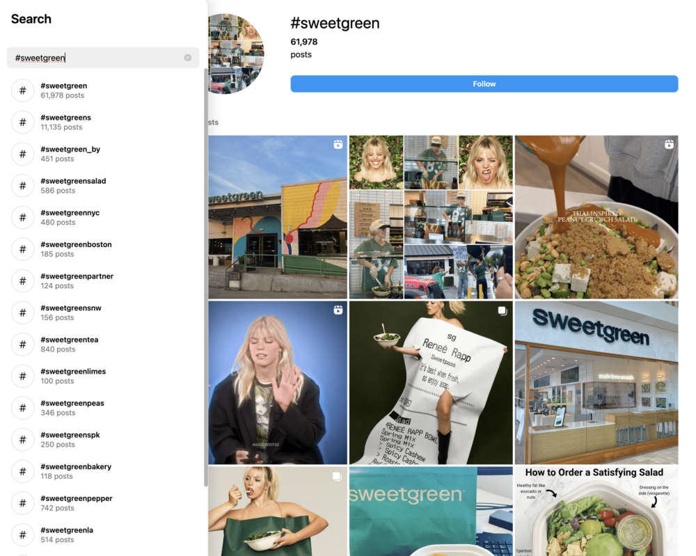 Search hashtag section for keyword sweetgreen on Instagram.