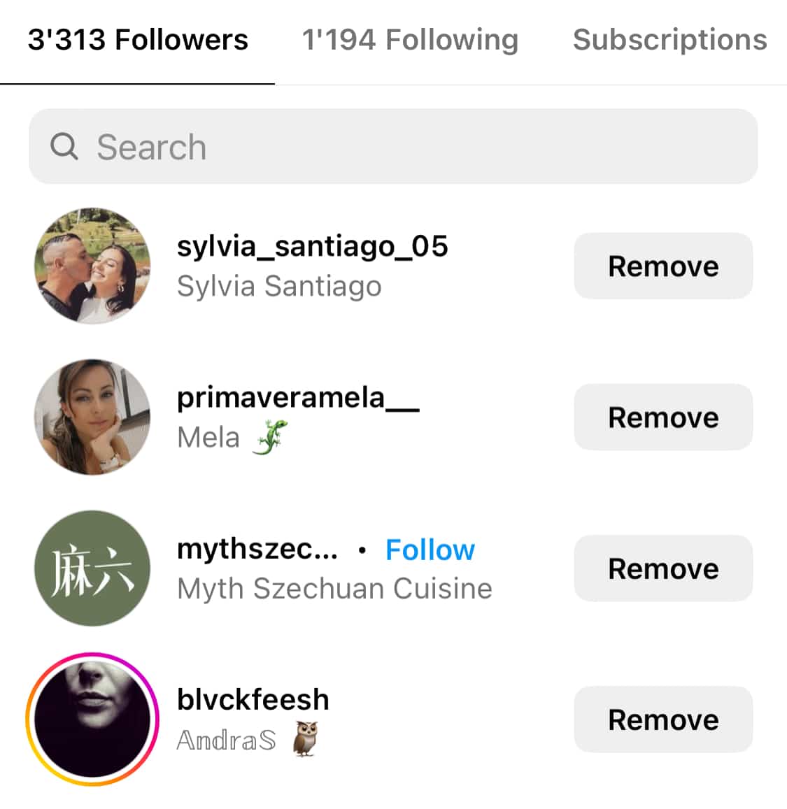 A screenshot of instagram's follower search.
