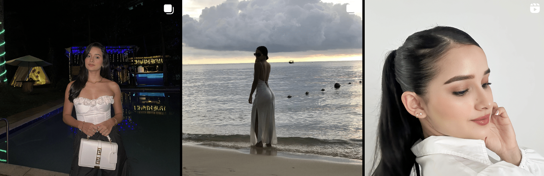 A woman is posing in front of a beach and a woman is posing in front of the ocean.