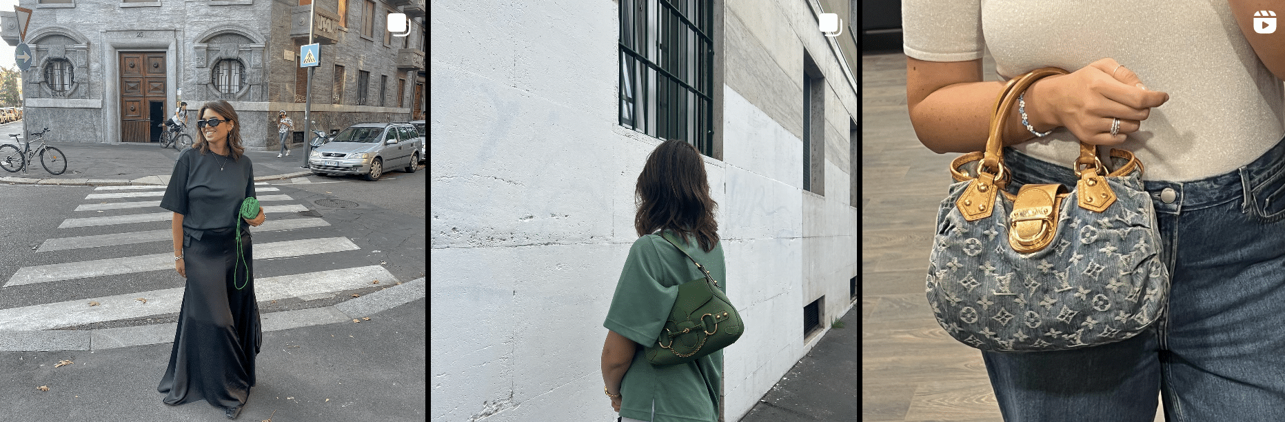 Four pictures of a woman holding a purse and walking down the street.