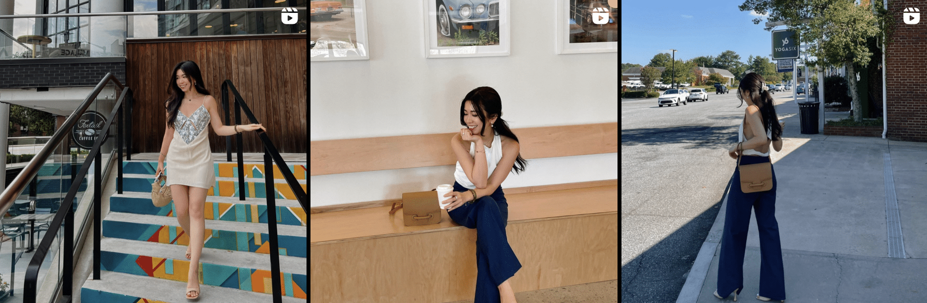 Four pictures of a woman walking down the stairs.