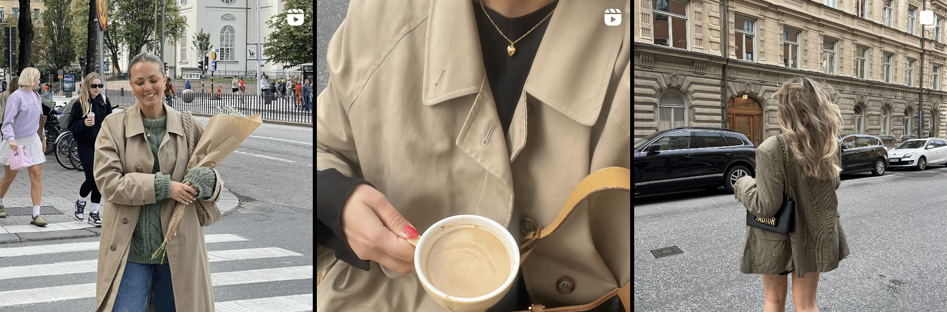 Three pictures of a woman walking down the street in a trench coat.